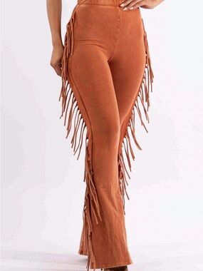 Fringe High-Waist Flare Pants - Tan